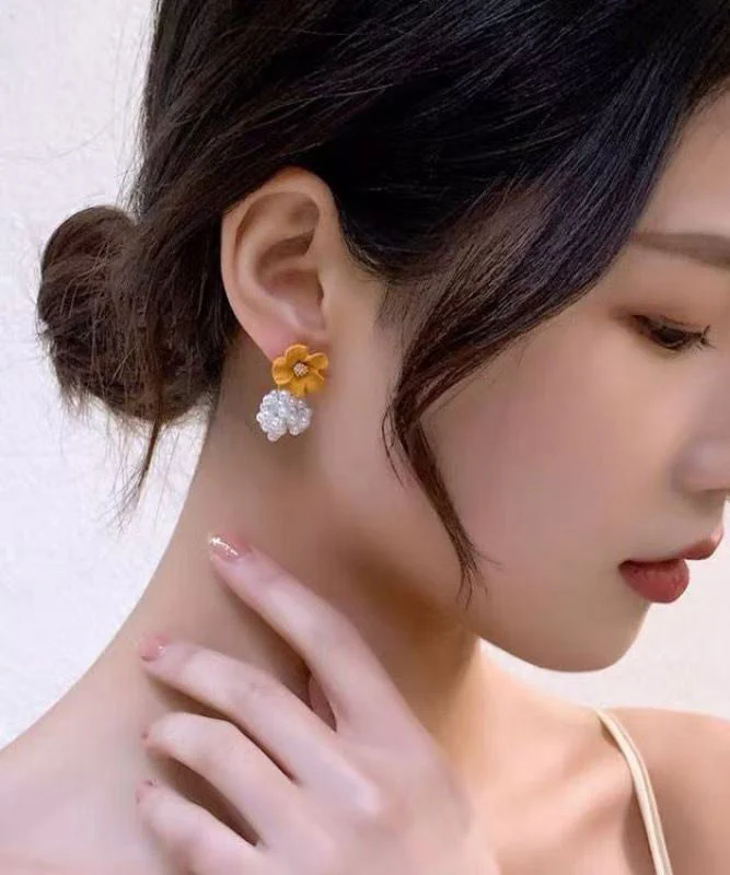 Modern Yellow Sterling Silver Overgild Camellia Pearl Stud Earrings - Image 5