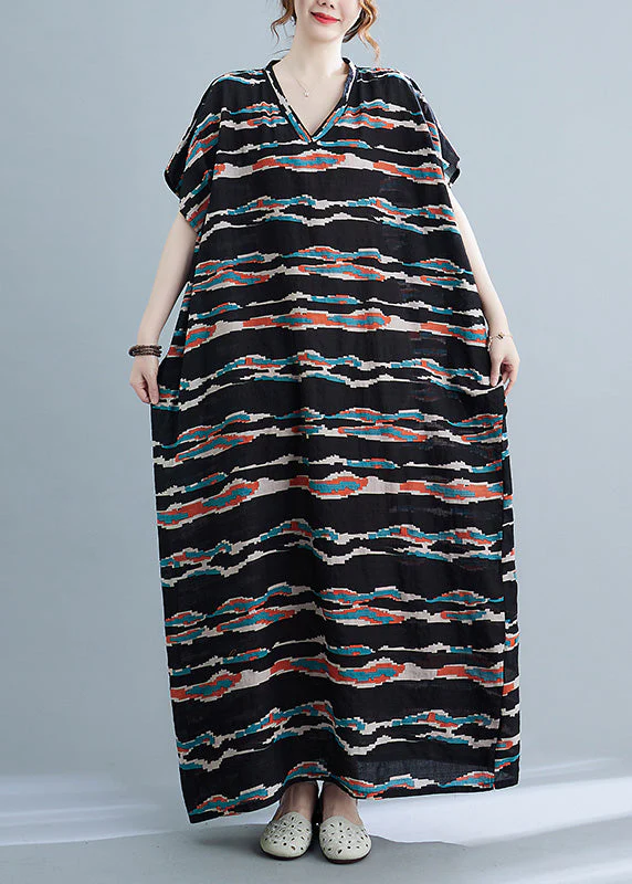 Modern Yellow Striped Print Linen Long Dresses Short Sleeve - Image 2