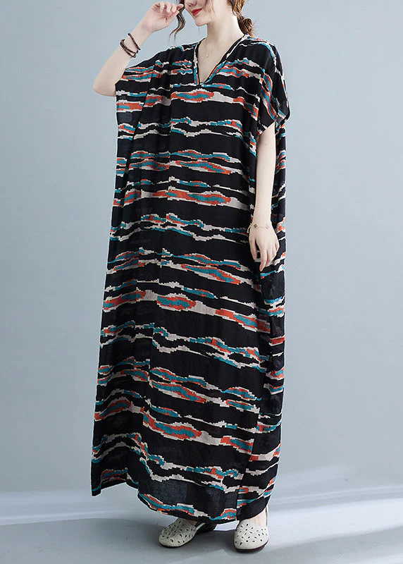 Modern Yellow Striped Print Linen Long Dresses Short Sleeve - Image 4