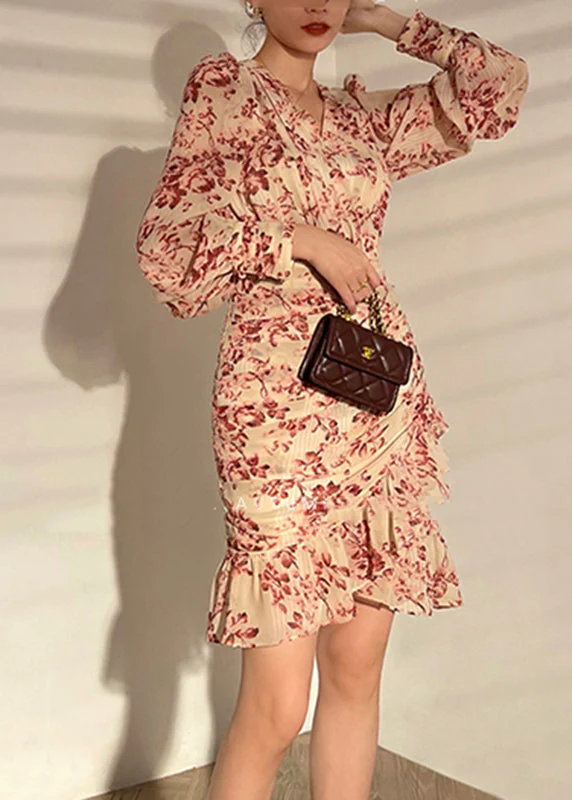 Modern Yellow V Neck Asymmetrical Print Mid Holiday Dress Long Sleeve - Image 2