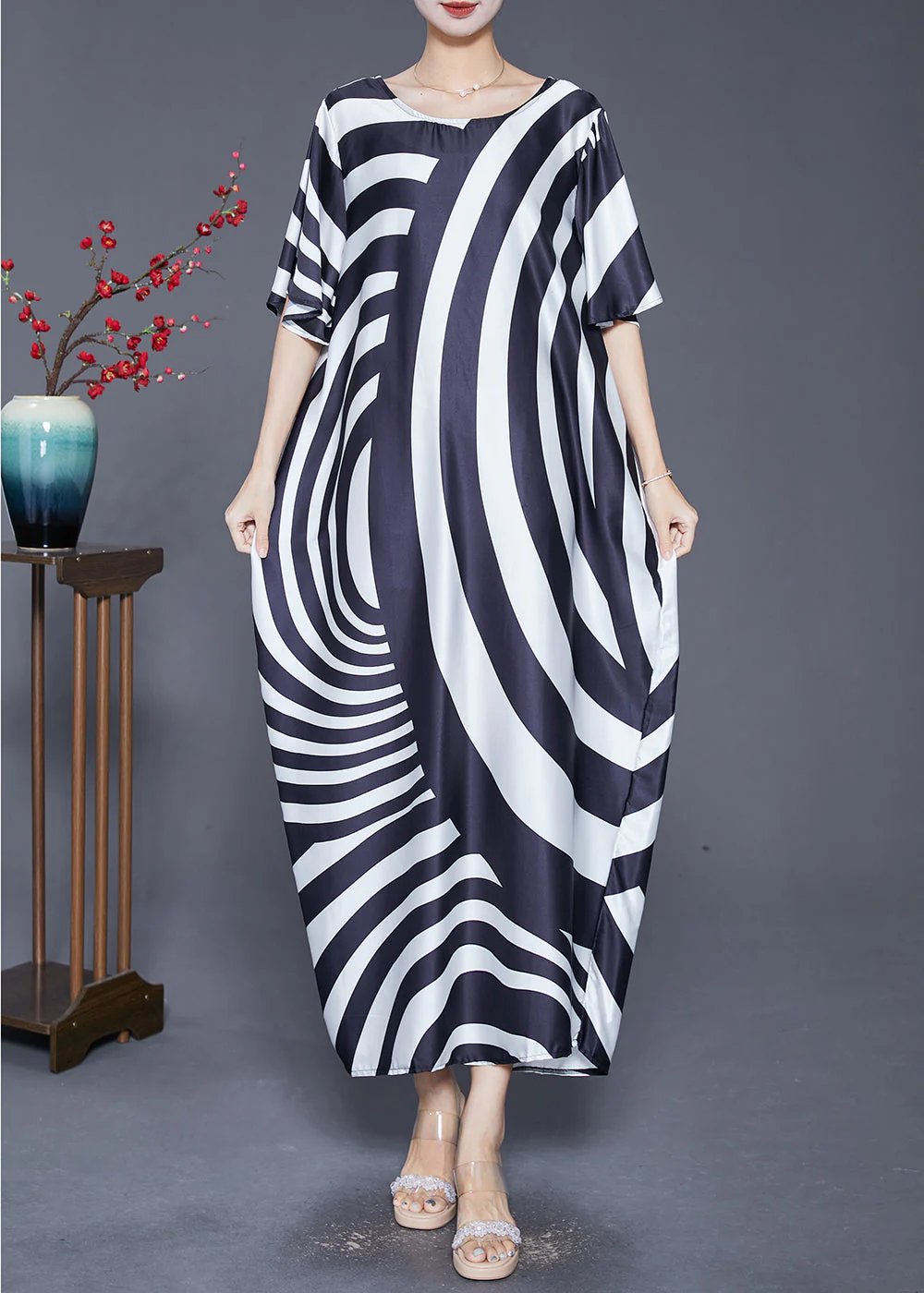 Modern Zebra Pattern Draping Silk Long Dress Summer - Image 2
