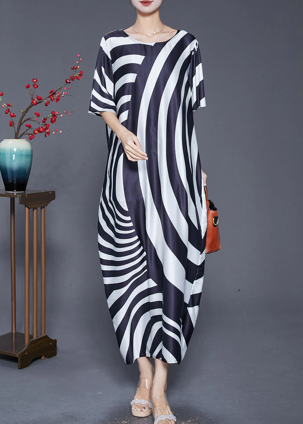 Modern Zebra Pattern Draping Silk Long Dress Summer - Image 3