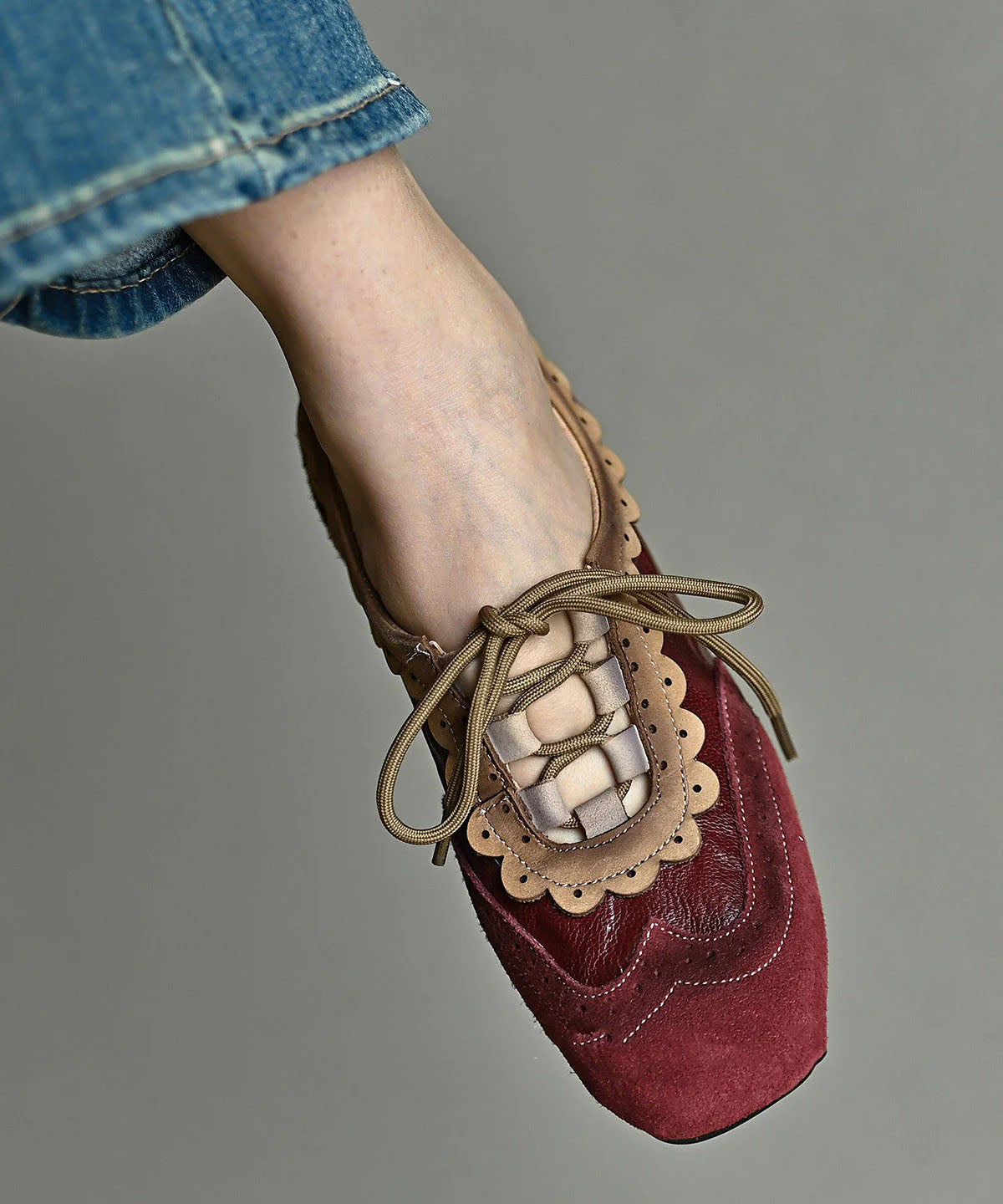 Mulberry Cowhide Leather Lace Up Splicing Chunky Heel Loafer Shoes - Image 2