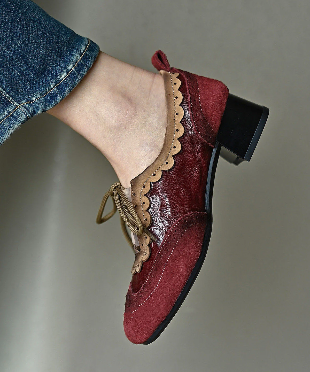 Mulberry Cowhide Leather Lace Up Splicing Chunky Heel Loafer Shoes - Image 3