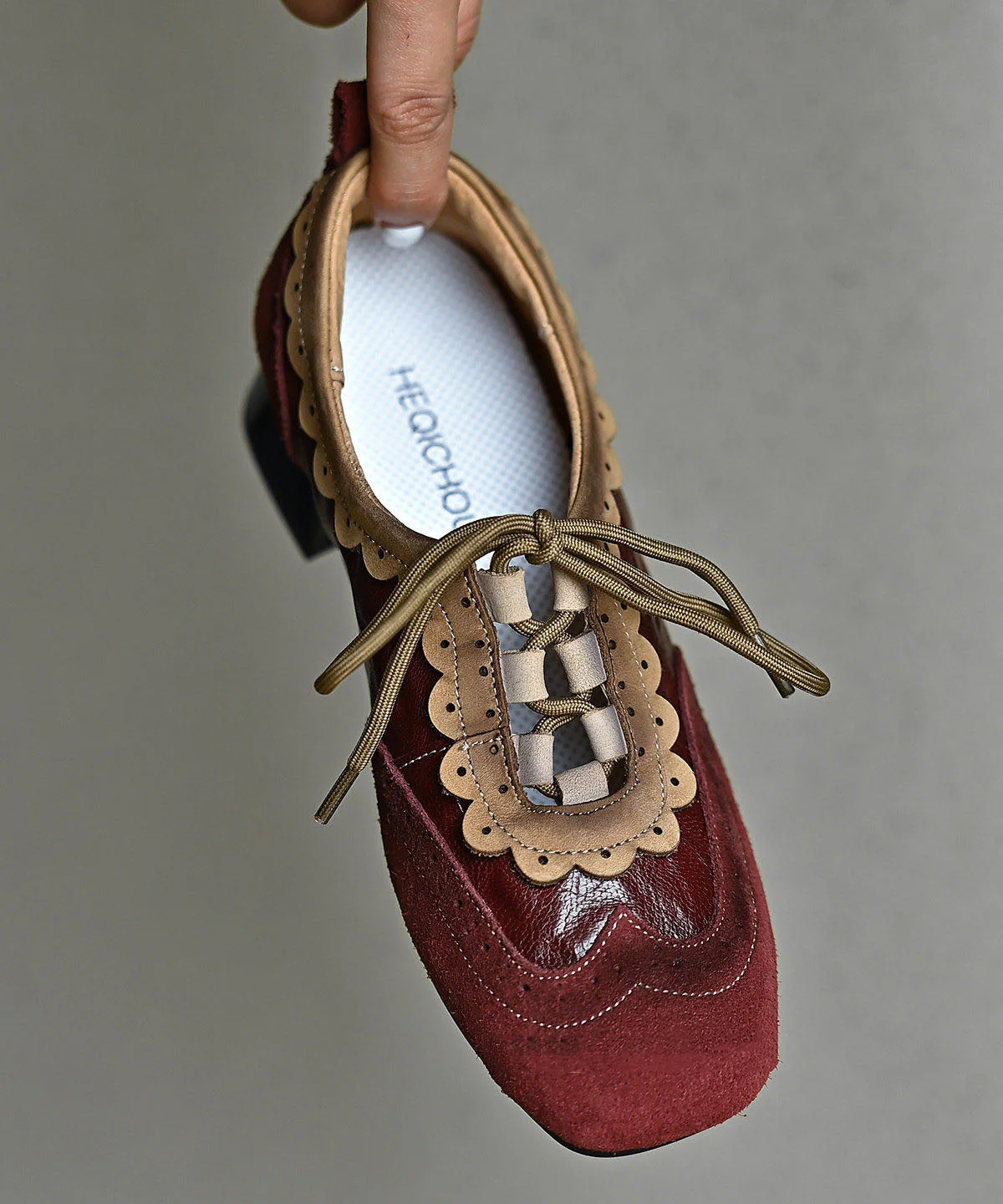Mulberry Cowhide Leather Lace Up Splicing Chunky Heel Loafer Shoes - Image 4