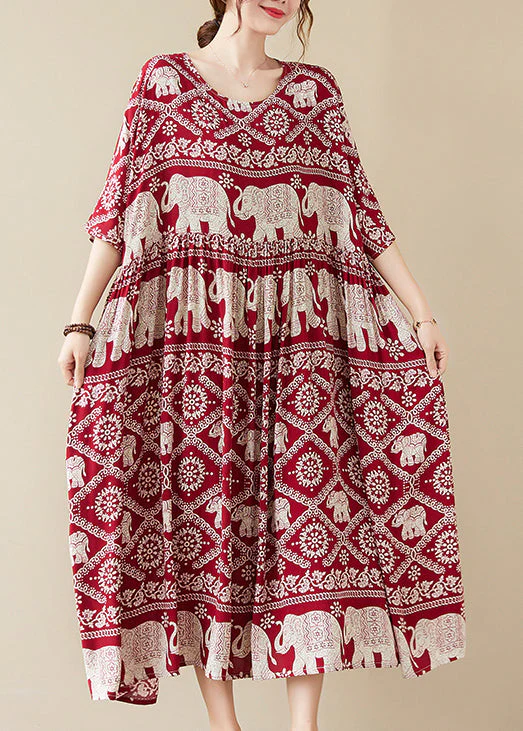 Mulberry Elephant Print Chiffon Long Dress wrinkled Half Sleeve - Image 3