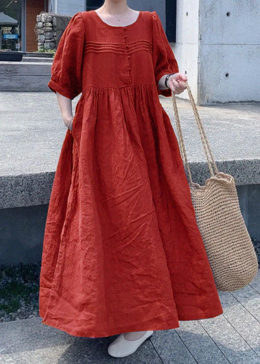 Mulberry-lace Patchwork Linen Dress O Neck Wrinkled Short Sleeve - Image 5