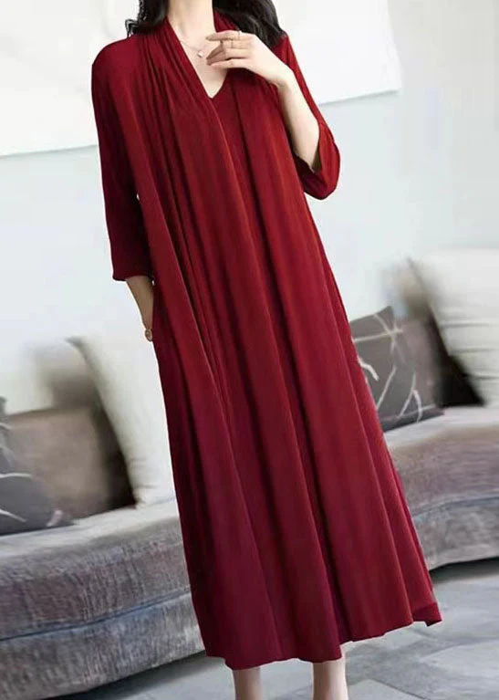 Mulberry Patchwork Silk Dress V Neck Wrinkled False Two Pieces Spring - Image 3
