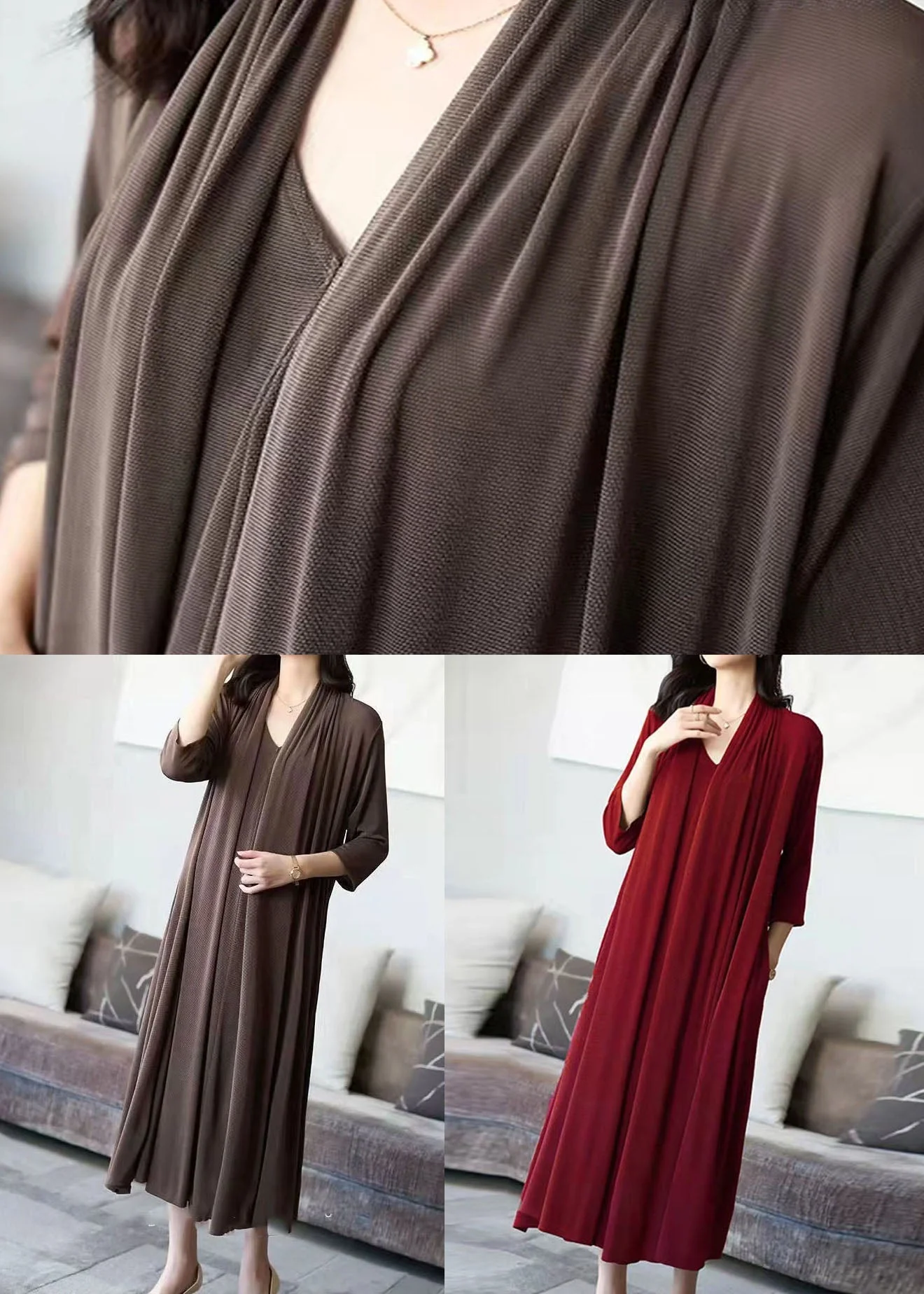 Mulberry Patchwork Silk Dress V Neck Wrinkled False Two Pieces Spring - Image 4
