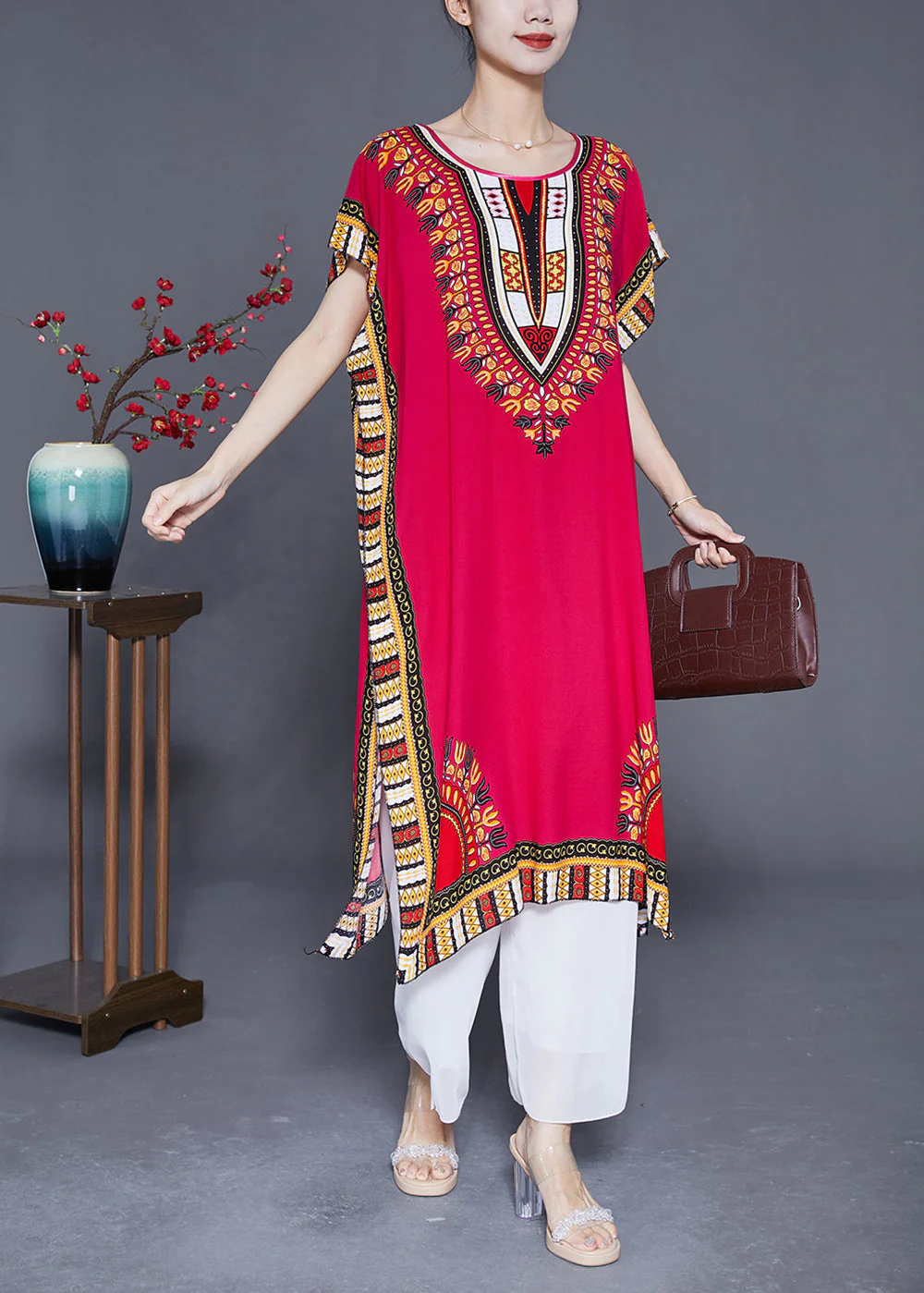 Mulberry Print Loose Cotton Dress O-Neck Side Open Summer - Image 2