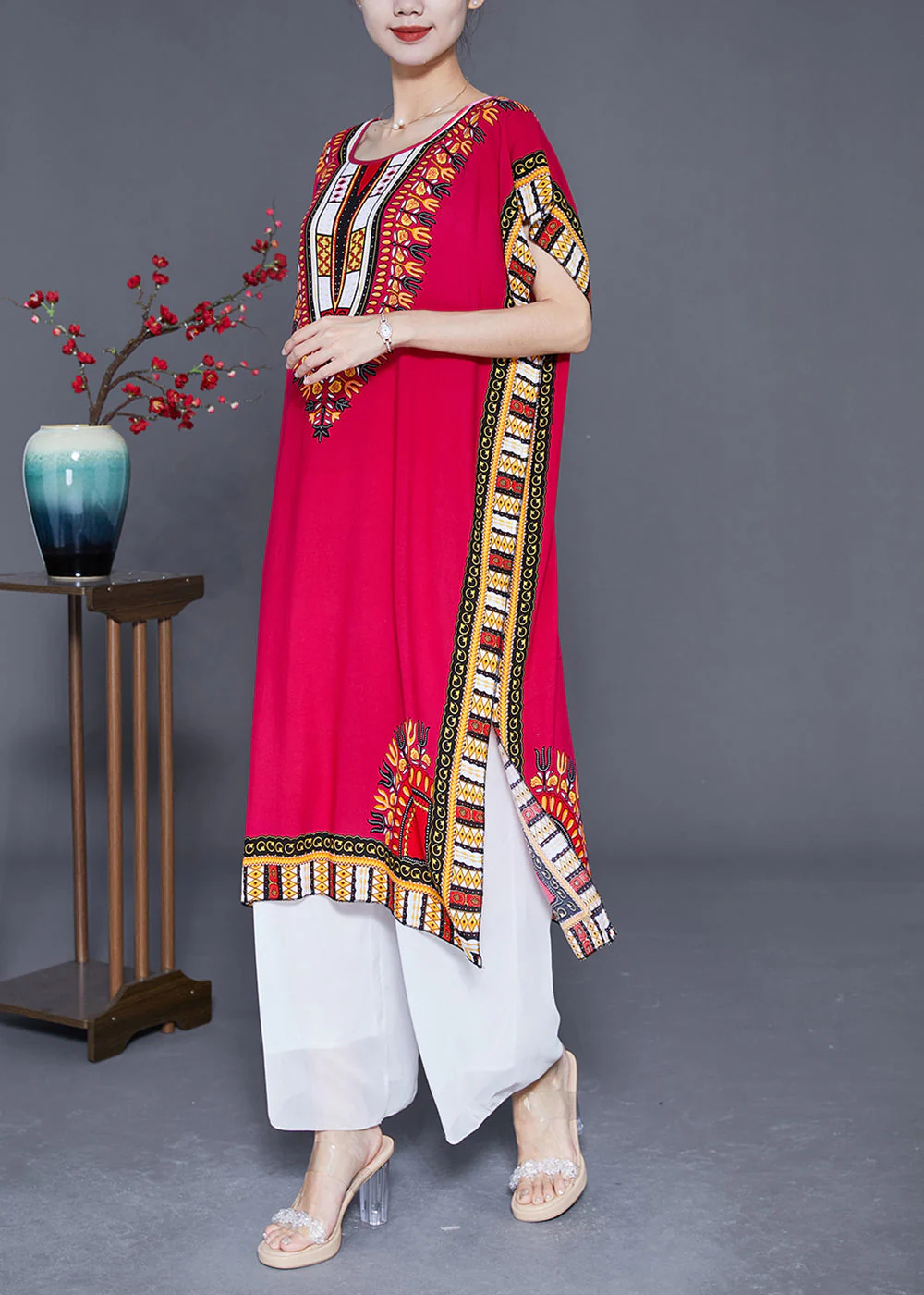 Mulberry Print Loose Cotton Dress O-Neck Side Open Summer - Image 3