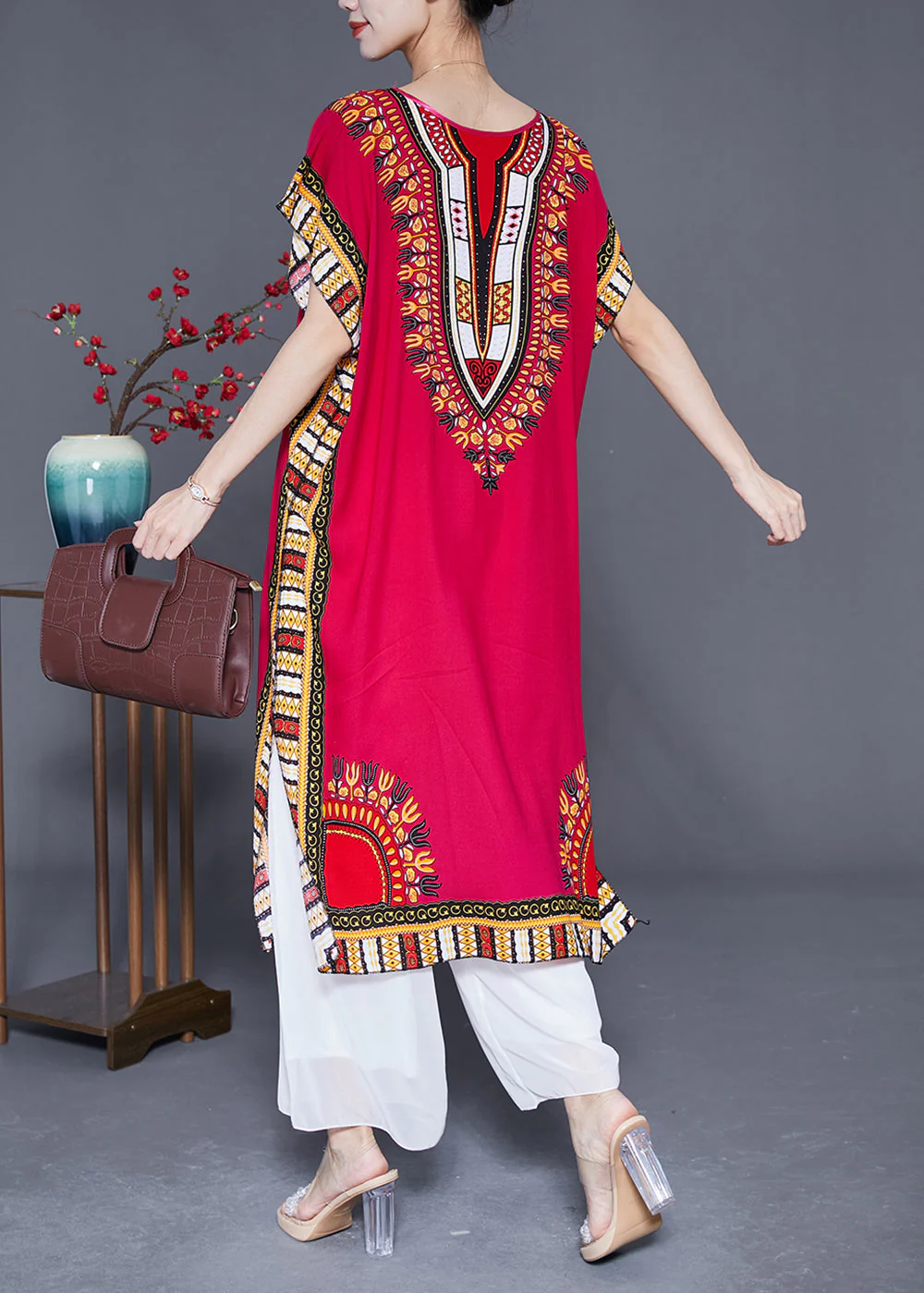 Mulberry Print Loose Cotton Dress O-Neck Side Open Summer - Image 4