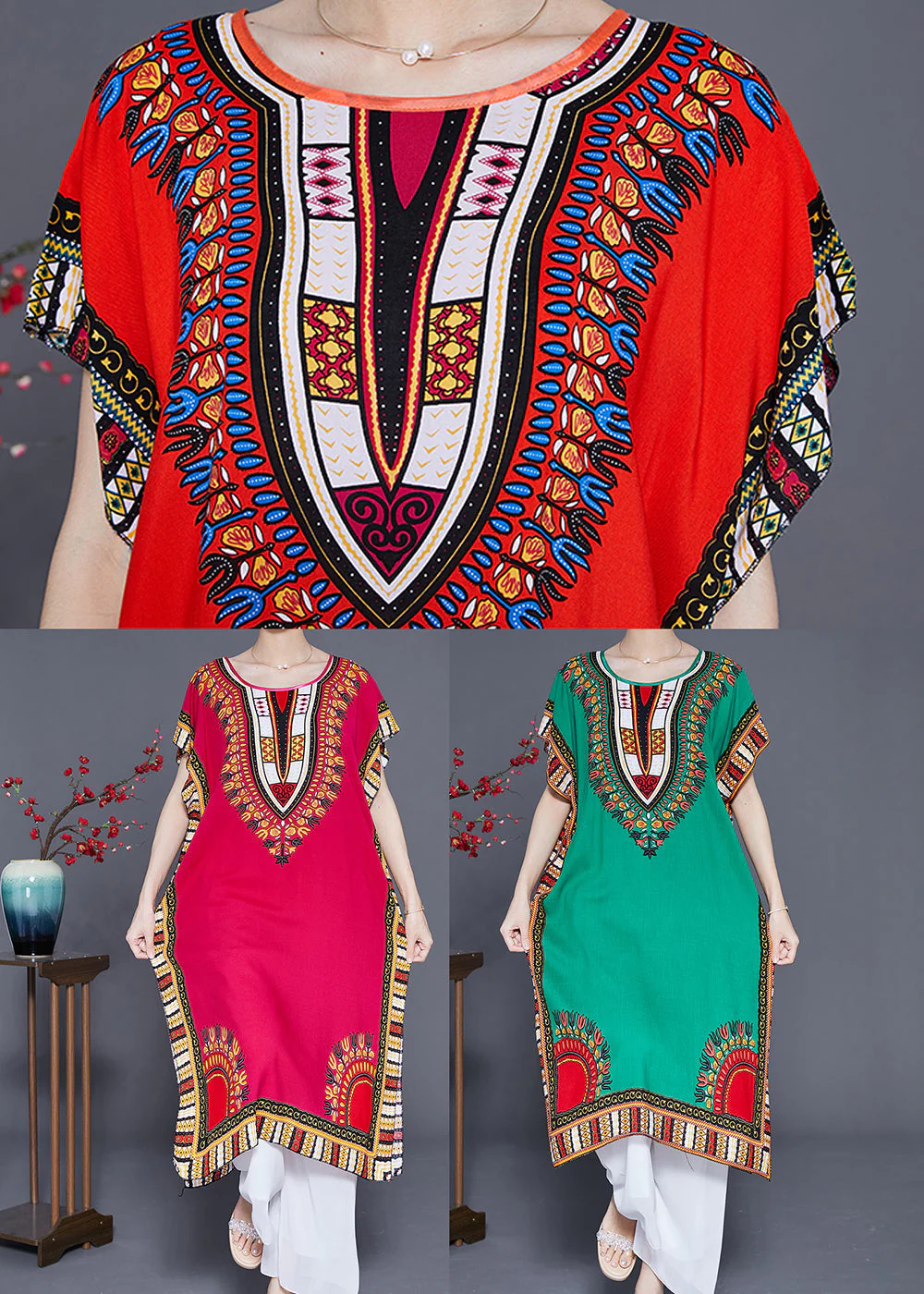 Mulberry Print Loose Cotton Dress O-Neck Side Open Summer - Image 5