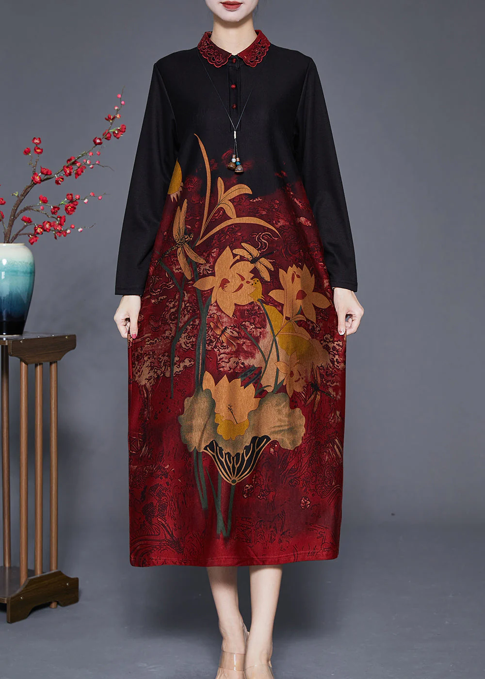 Mulberry Print Silk Holiday Dresses Peter Pan Collar Fall - Image 2