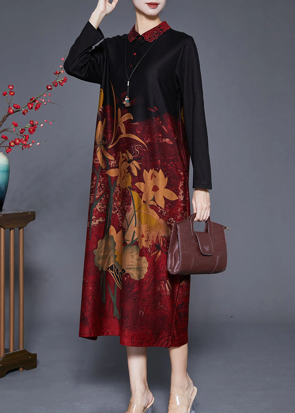 Mulberry Print Silk Holiday Dresses Peter Pan Collar Fall - Image 3