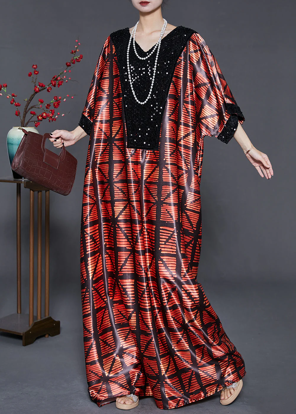 Mulberry Print Silk Robe Dresses Sequins Batwing Sleeve - Image 2
