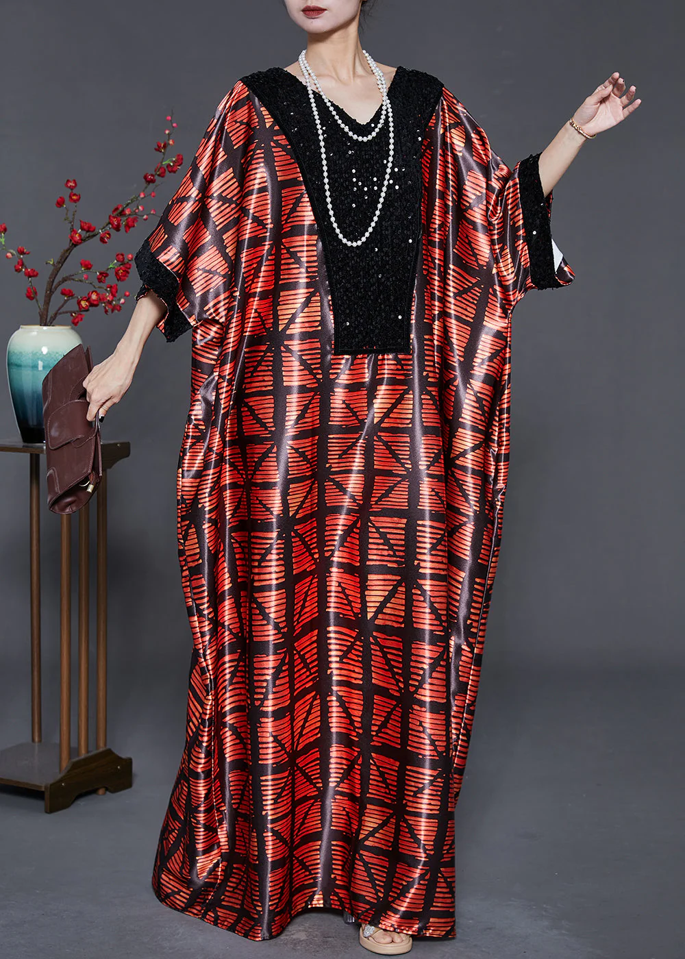 Mulberry Print Silk Robe Dresses Sequins Batwing Sleeve - Image 3