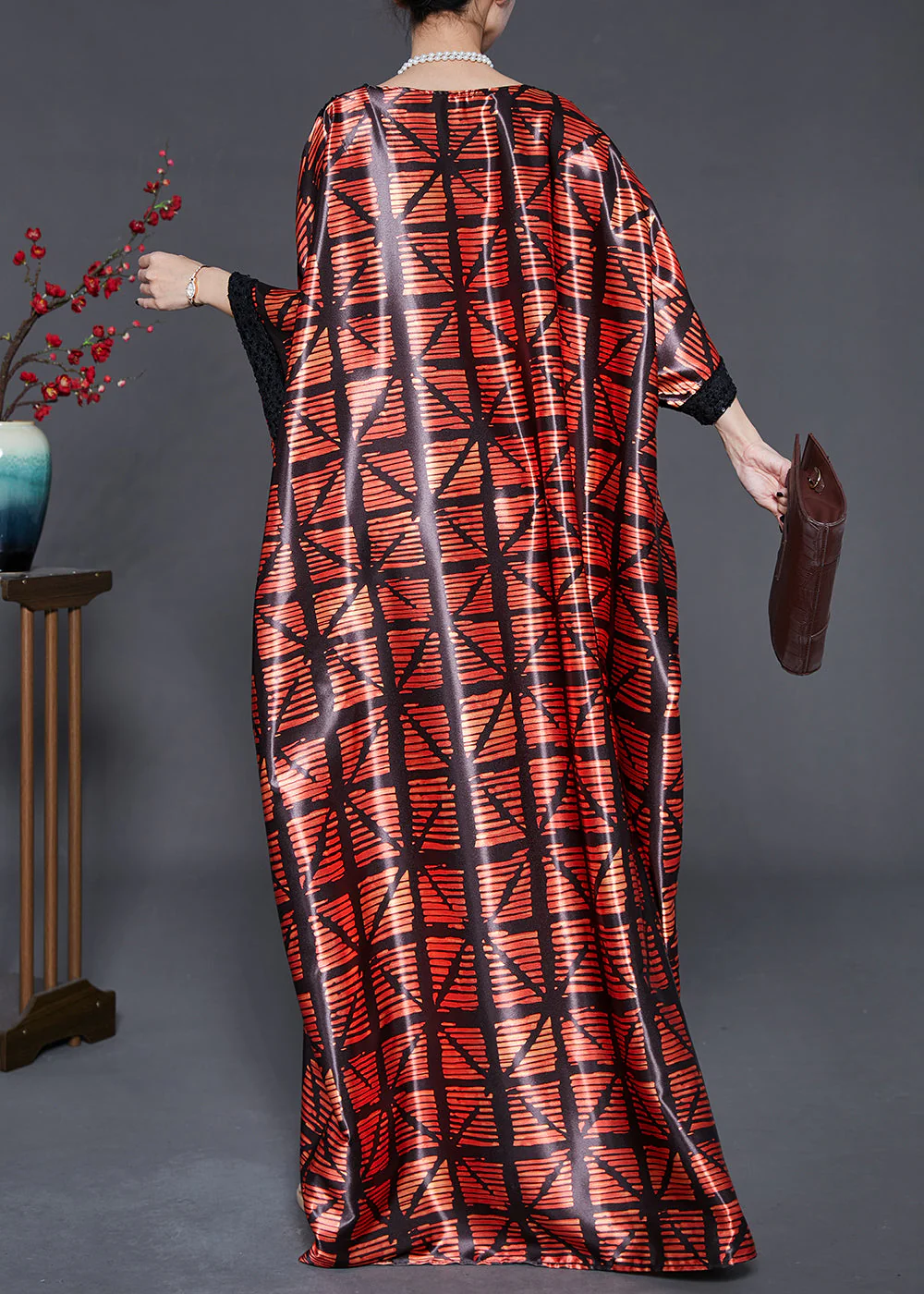 Mulberry Print Silk Robe Dresses Sequins Batwing Sleeve - Image 4
