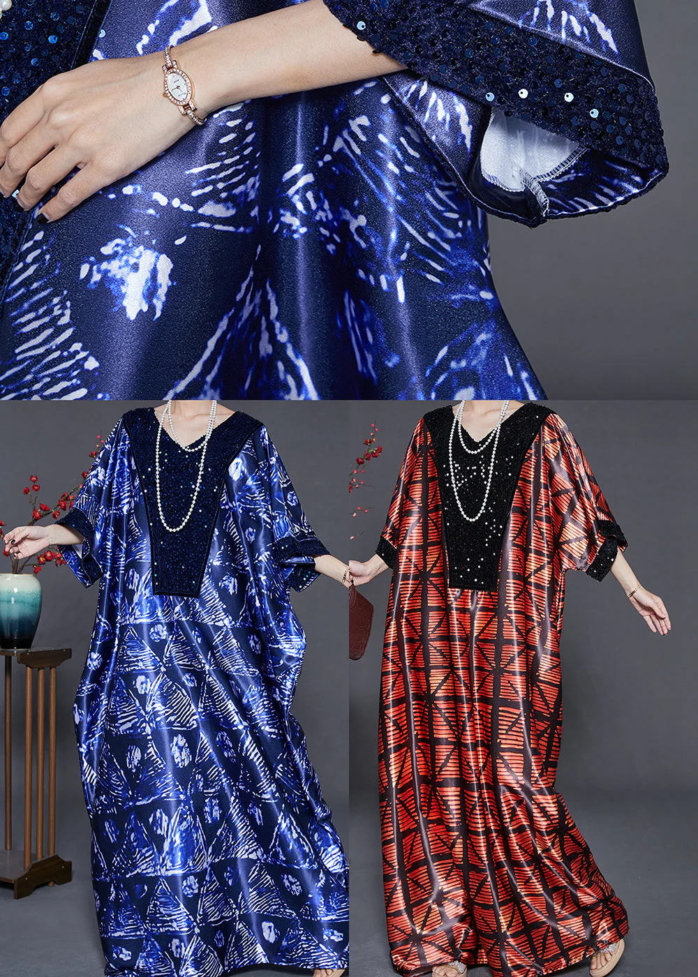 Mulberry Print Silk Robe Dresses Sequins Batwing Sleeve - Image 5