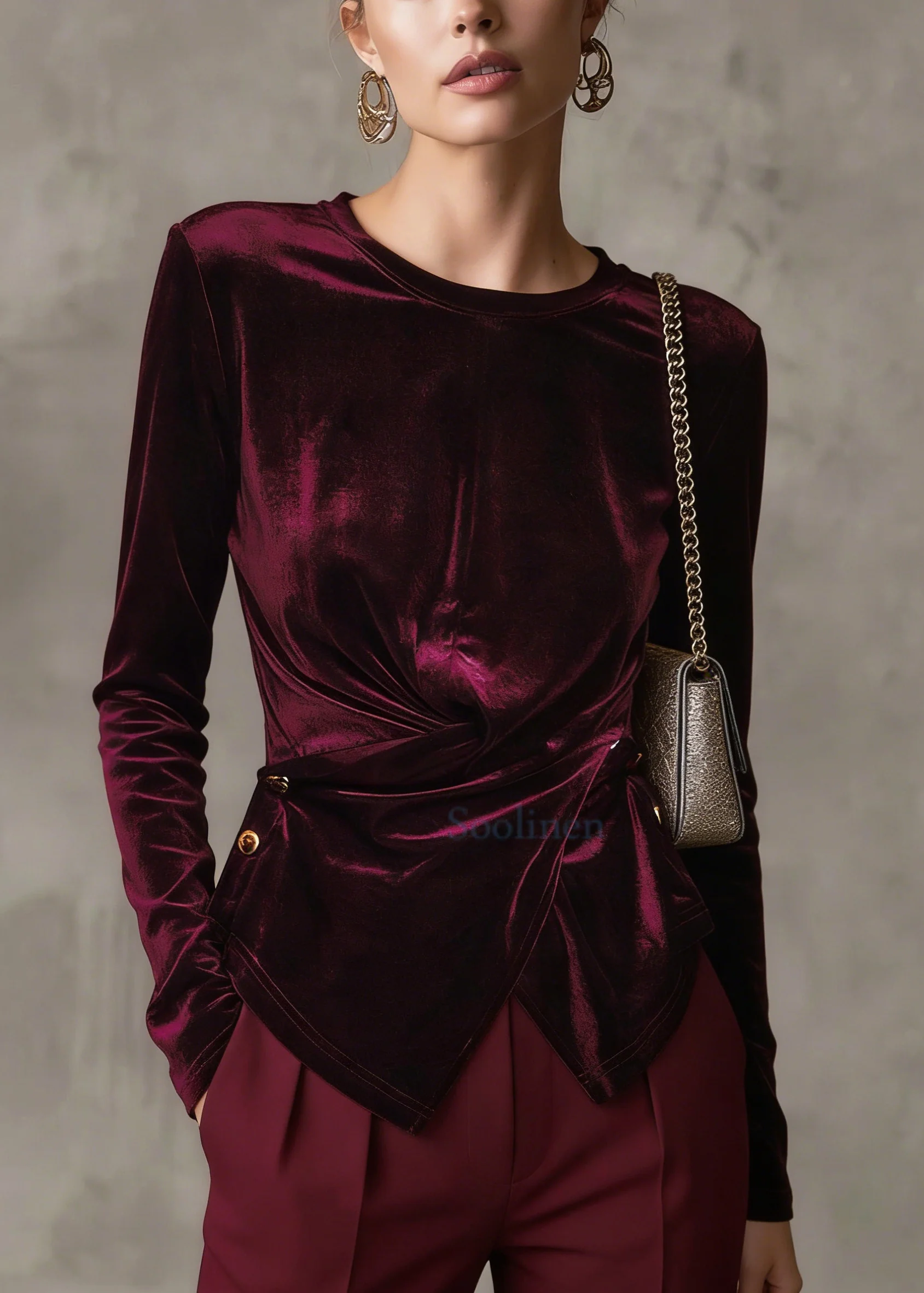 Mulberry Silk Velour Blouses Asymmetrical Button Long Sleeve - Image 3