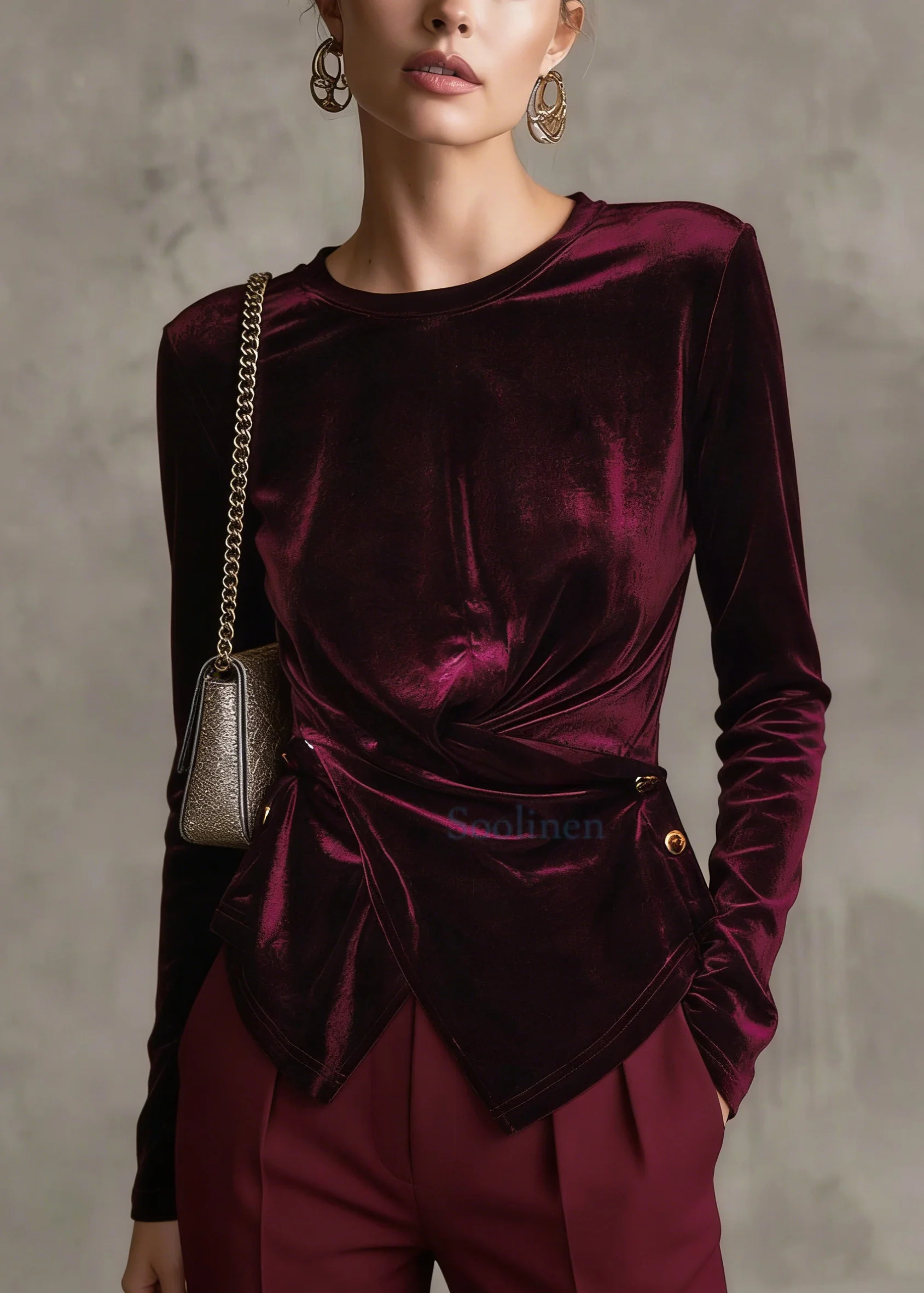 Mulberry Silk Velour Blouses Asymmetrical Button Long Sleeve - Image 5