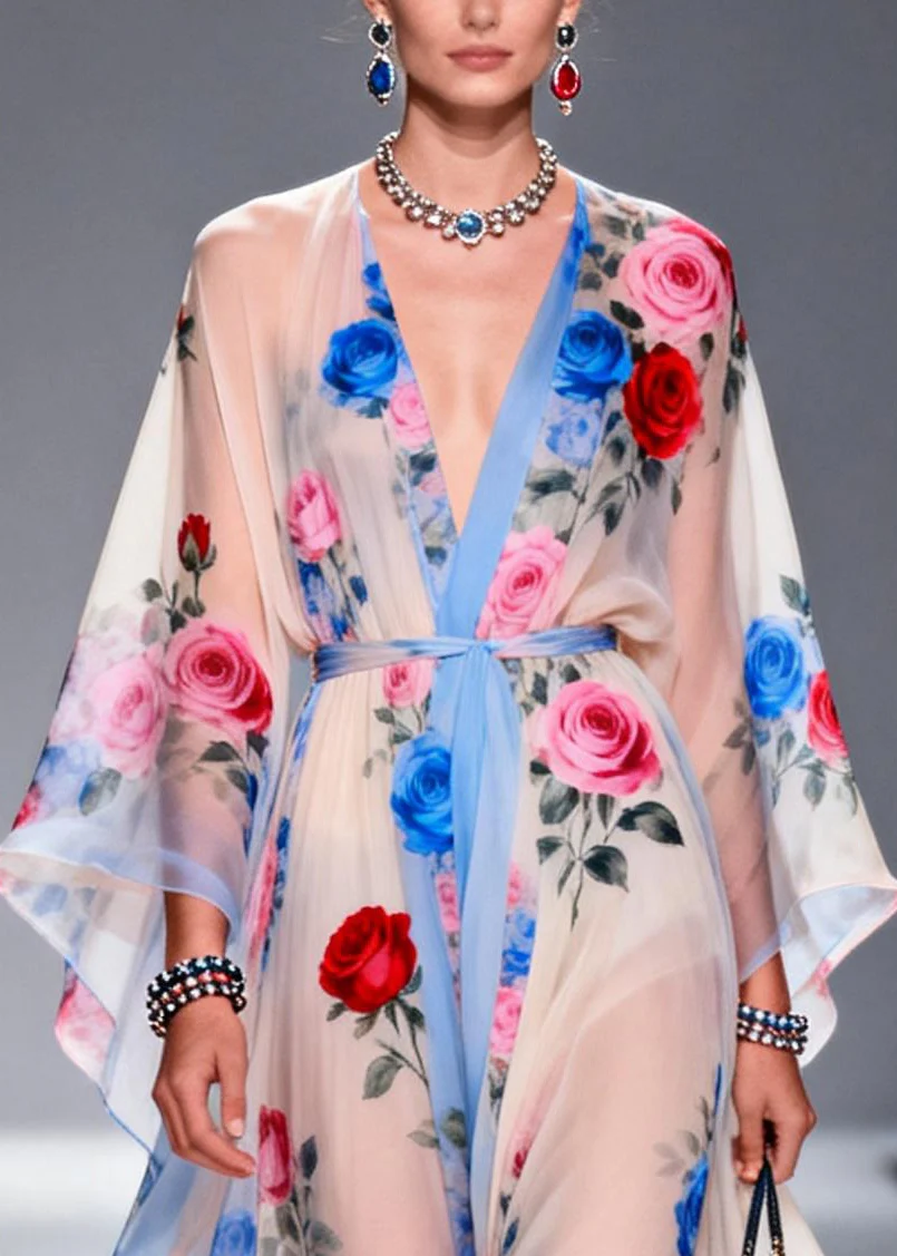 Multicolored Floral Print Chiffon Maxi Dress Tie Waist Summer - Image 2