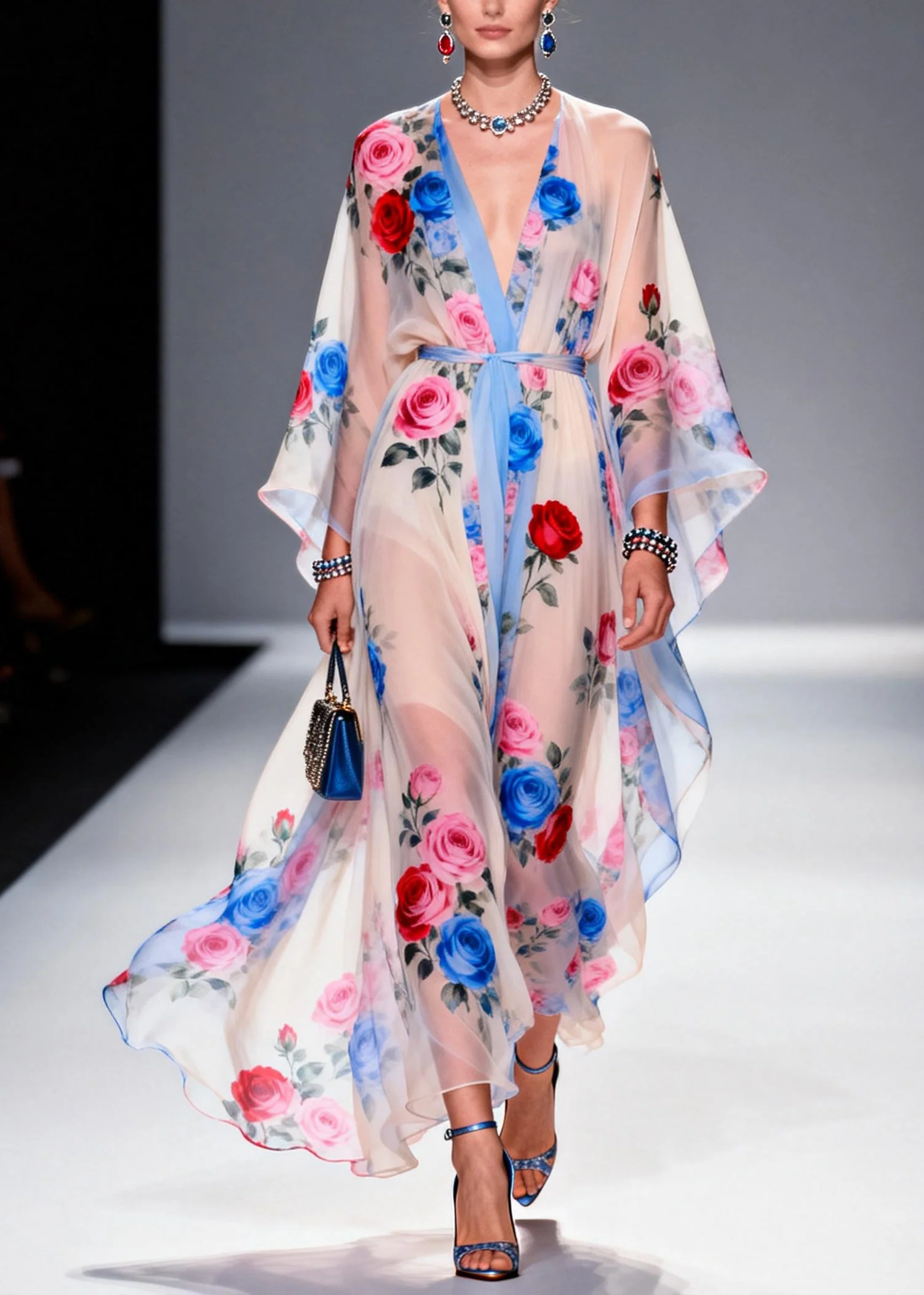 Multicolored Floral Print Chiffon Maxi Dress Tie Waist Summer - Image 3
