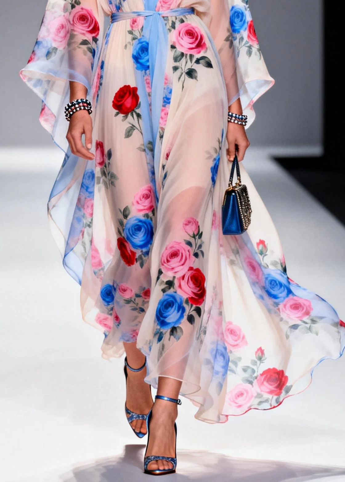 Multicolored Floral Print Chiffon Maxi Dress Tie Waist Summer - Image 4