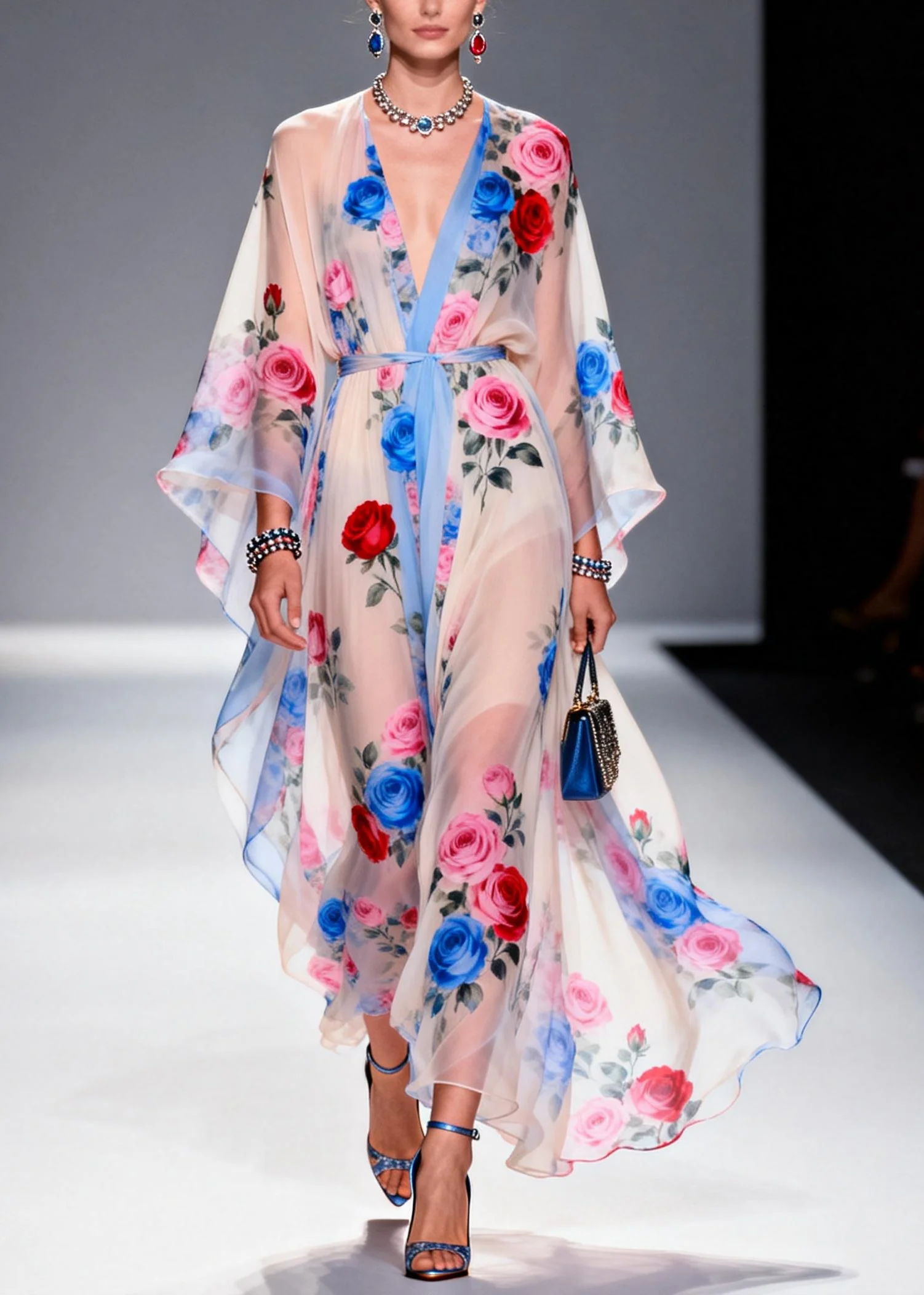 Multicolored Floral Print Chiffon Maxi Dress Tie Waist Summer - Image 5