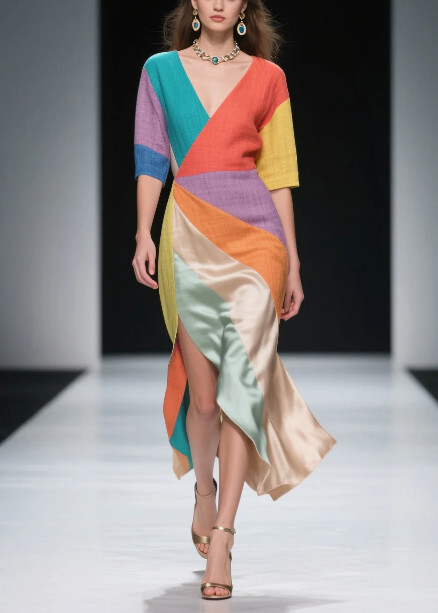 Multicolored Patchwork Linen Silk Holiday Dress Asymmetrical Side Open Summer - Image 3