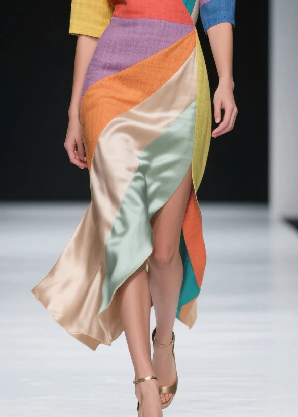 Multicolored Patchwork Linen Silk Holiday Dress Asymmetrical Side Open Summer - Image 4