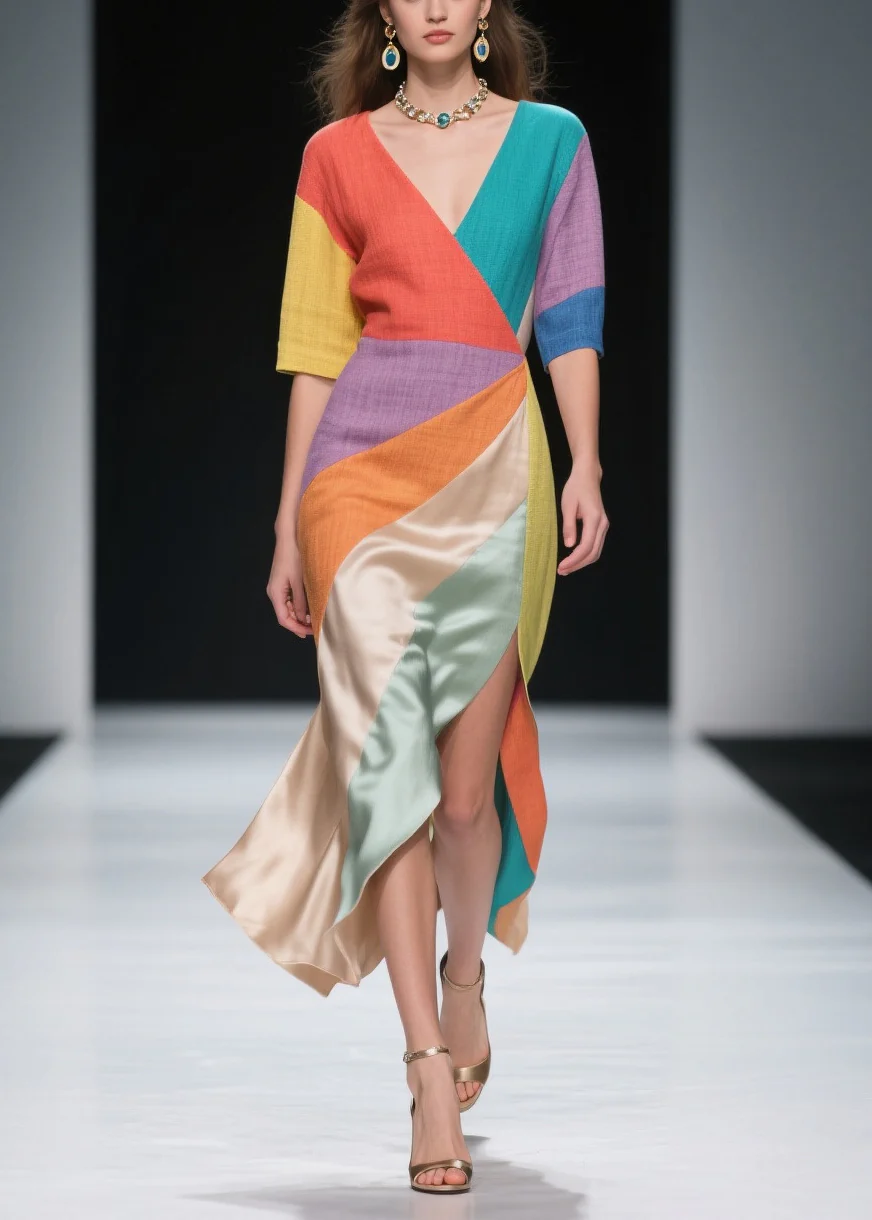 Multicolored Patchwork Linen Silk Holiday Dress Asymmetrical Side Open Summer - Image 5