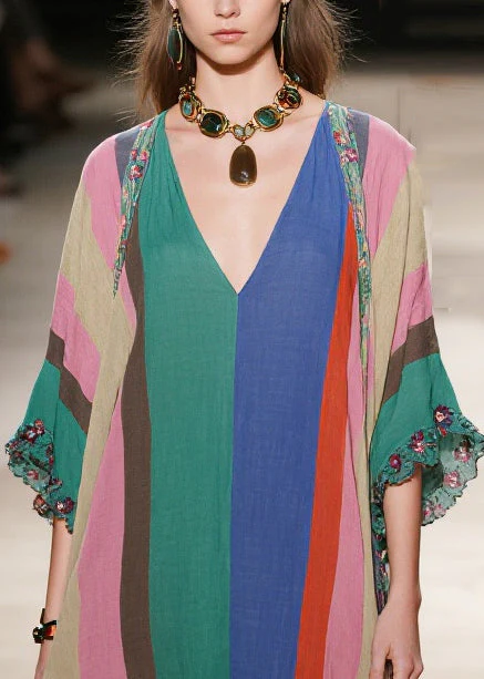 Multicolored Striped Cotton Long Dress Ruffled Low High Design Half Sleeve - Image 2
