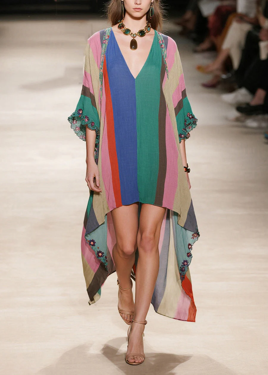 Multicolored Striped Cotton Long Dress Ruffled Low High Design Half Sleeve - Image 3