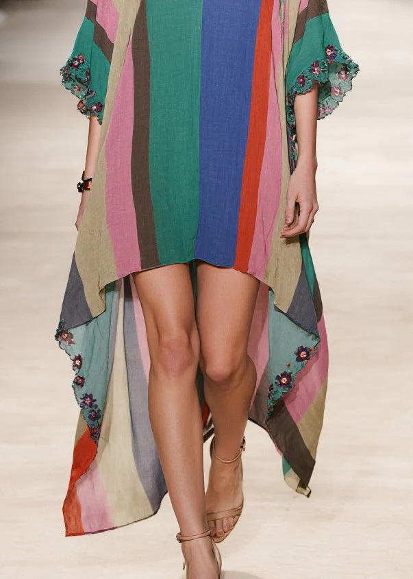 Multicolored Striped Cotton Long Dress Ruffled Low High Design Half Sleeve - Image 4