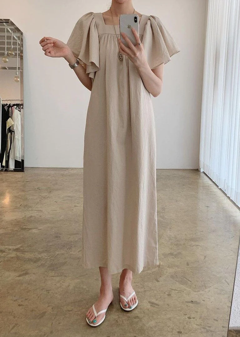 Natural Apricot Cinched Patchwork Cotton Dresses Short Sleeve - Image 2