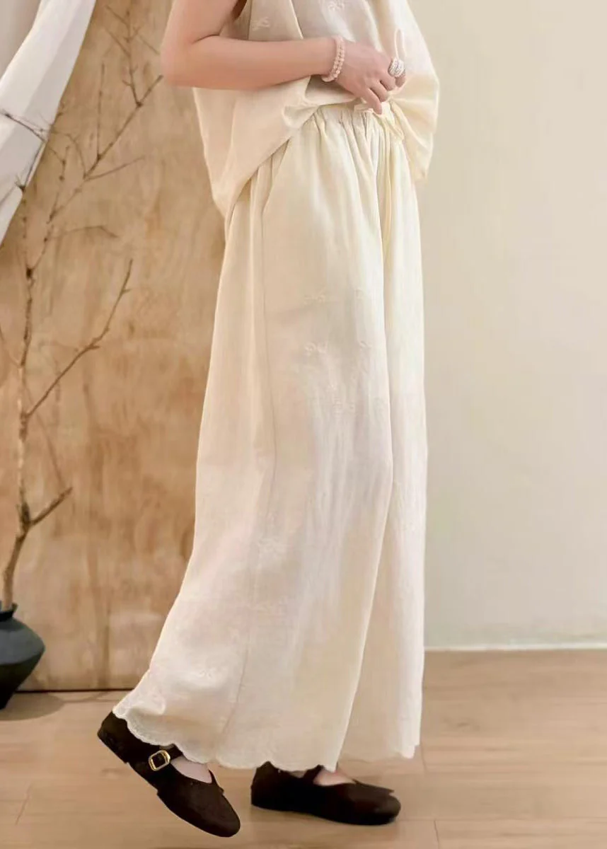 Natural Apricot Embroidered Cotton Wide Leg Pants Summer - Image 5