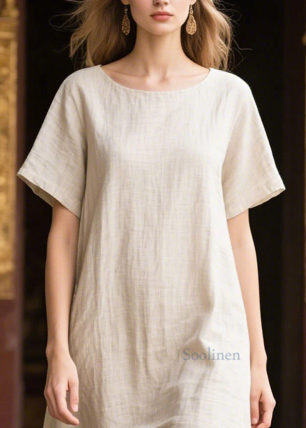Natural Apricot Oversized Patchwork Linen Maxi Dresses Summer - Image 2