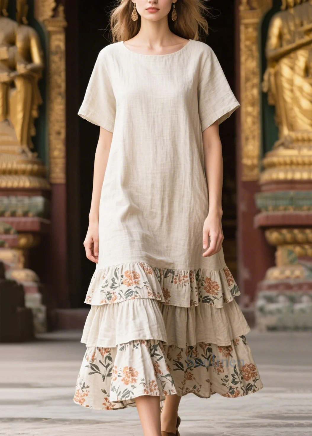 Natural Apricot Oversized Patchwork Linen Maxi Dresses Summer - Image 3