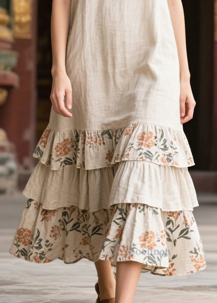 Natural Apricot Oversized Patchwork Linen Maxi Dresses Summer - Image 4