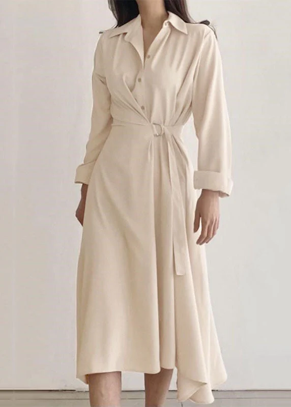Natural Apricot Peter Pan Collar Wrinkled Patchwork Cotton Dresses Spring