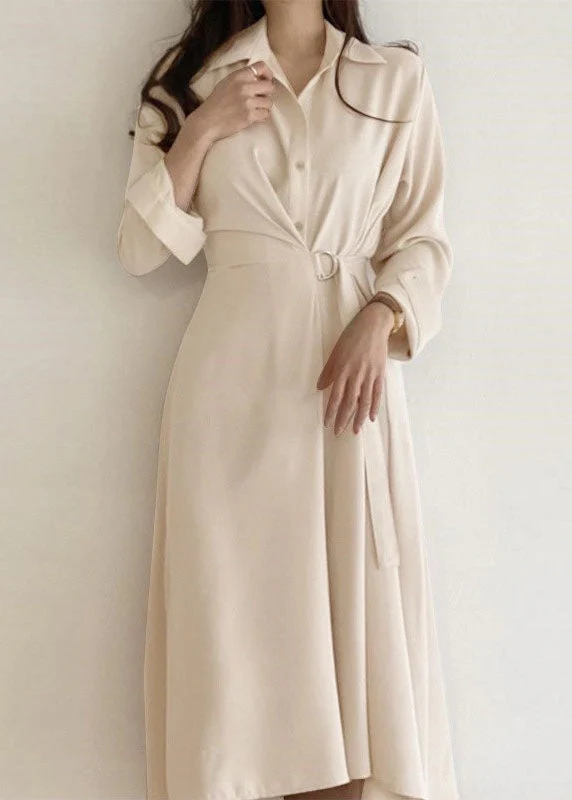 Natural Apricot Peter Pan Collar Wrinkled Patchwork Cotton Dresses Spring - Image 3