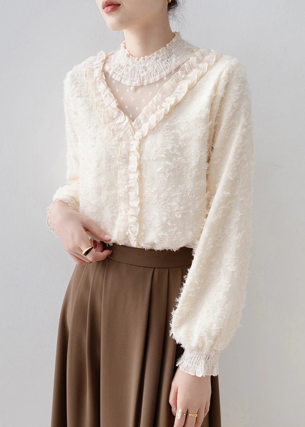 Natural Apricot Ruffled Patchwork Warm Fleece Blouse Tops Spring - Image 4