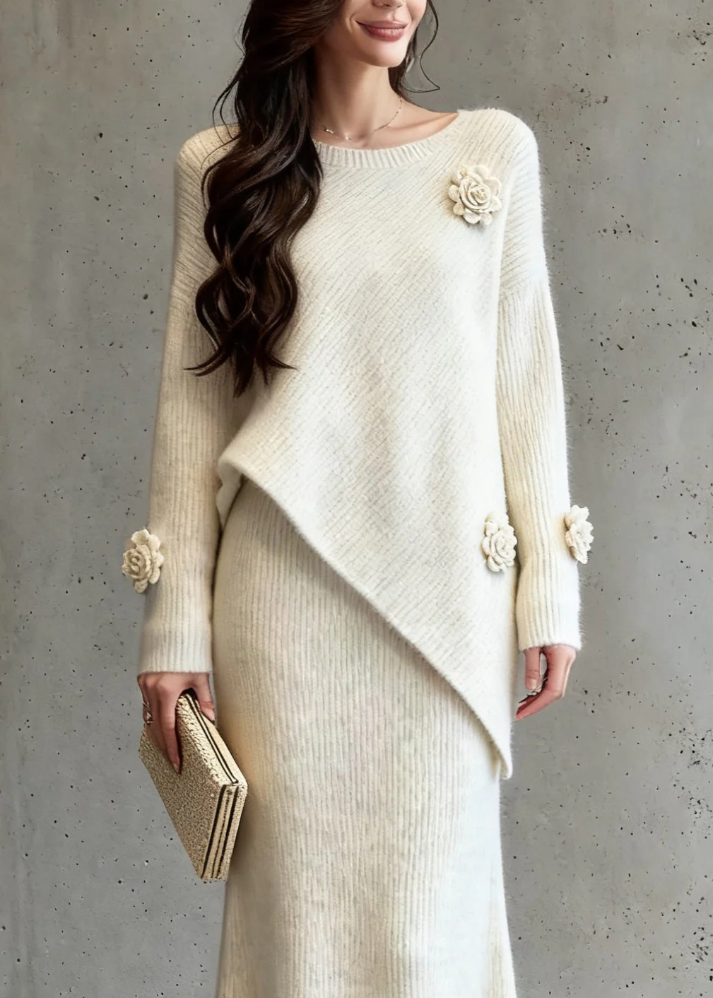 Natural Asymmetrical Floral Cotton Knit Sweaters And A Line Skirts Two-Piece Set Spring - Image 2