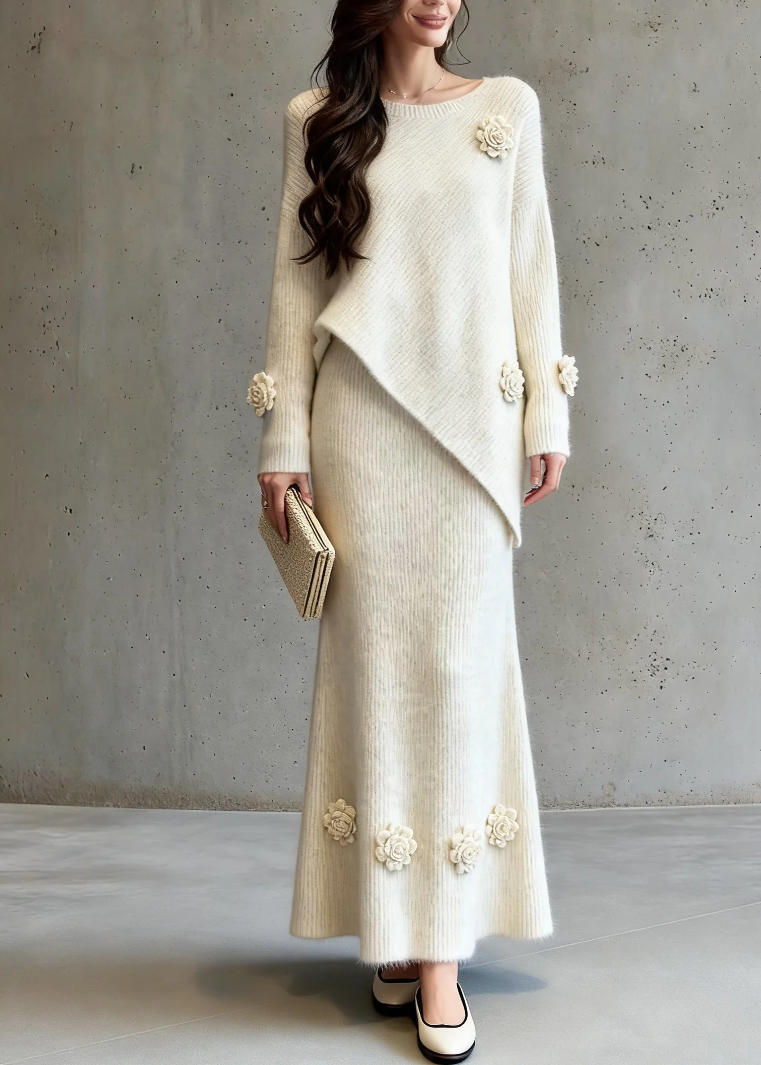 Natural Asymmetrical Floral Cotton Knit Sweaters And A Line Skirts Two-Piece Set Spring - Image 5