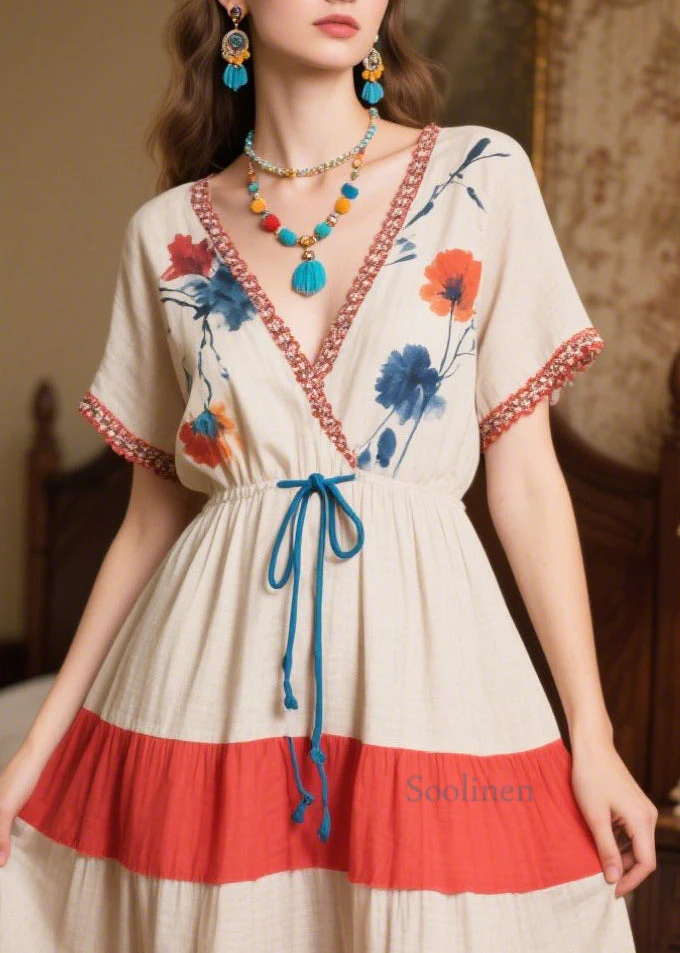 Natural Beige Cinched Patchwork Cotton Dress Summer - Image 2