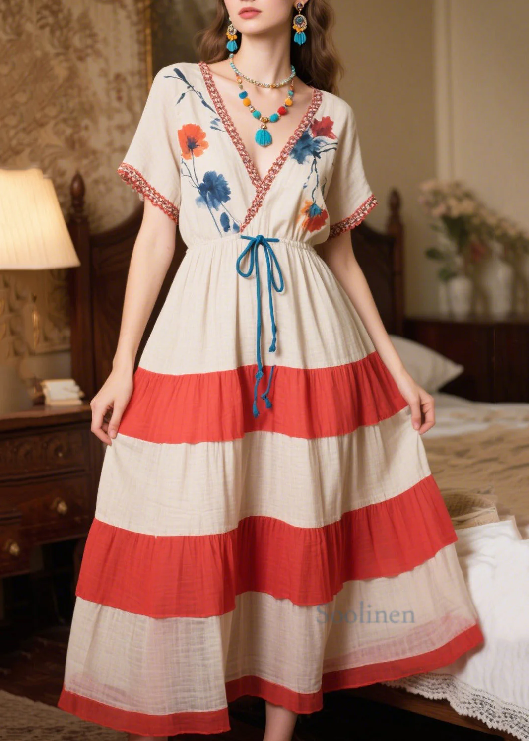 Natural Beige Cinched Patchwork Cotton Dress Summer - Image 3