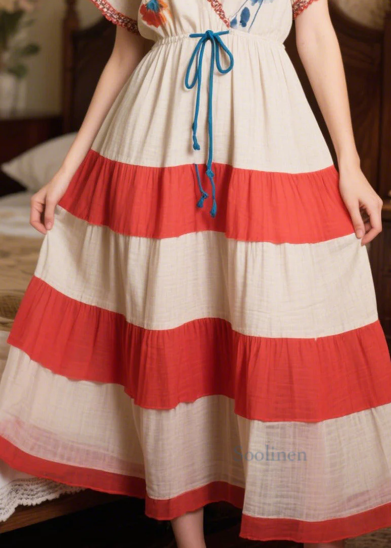 Natural Beige Cinched Patchwork Cotton Dress Summer - Image 4