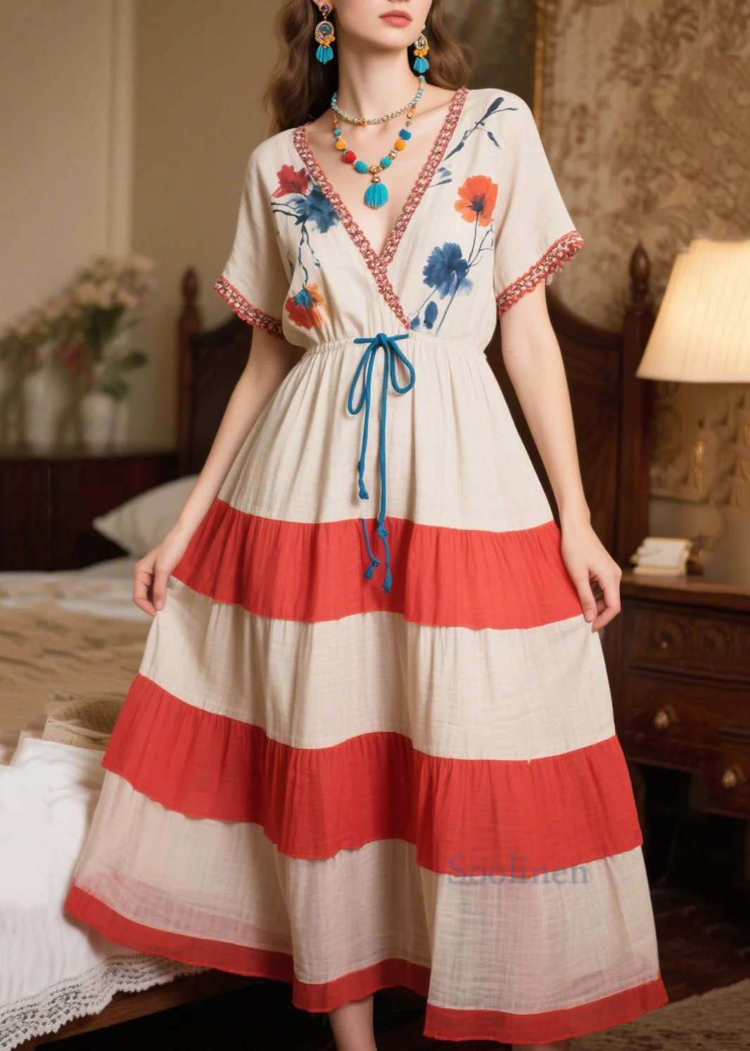 Natural Beige Cinched Patchwork Cotton Dress Summer - Image 5