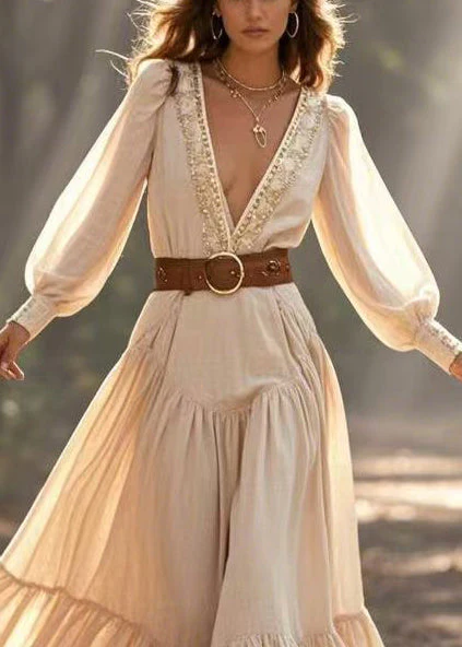 Natural Beige Deep-V Neck Exra Large Hem Cinched Dress Spring - Image 2
